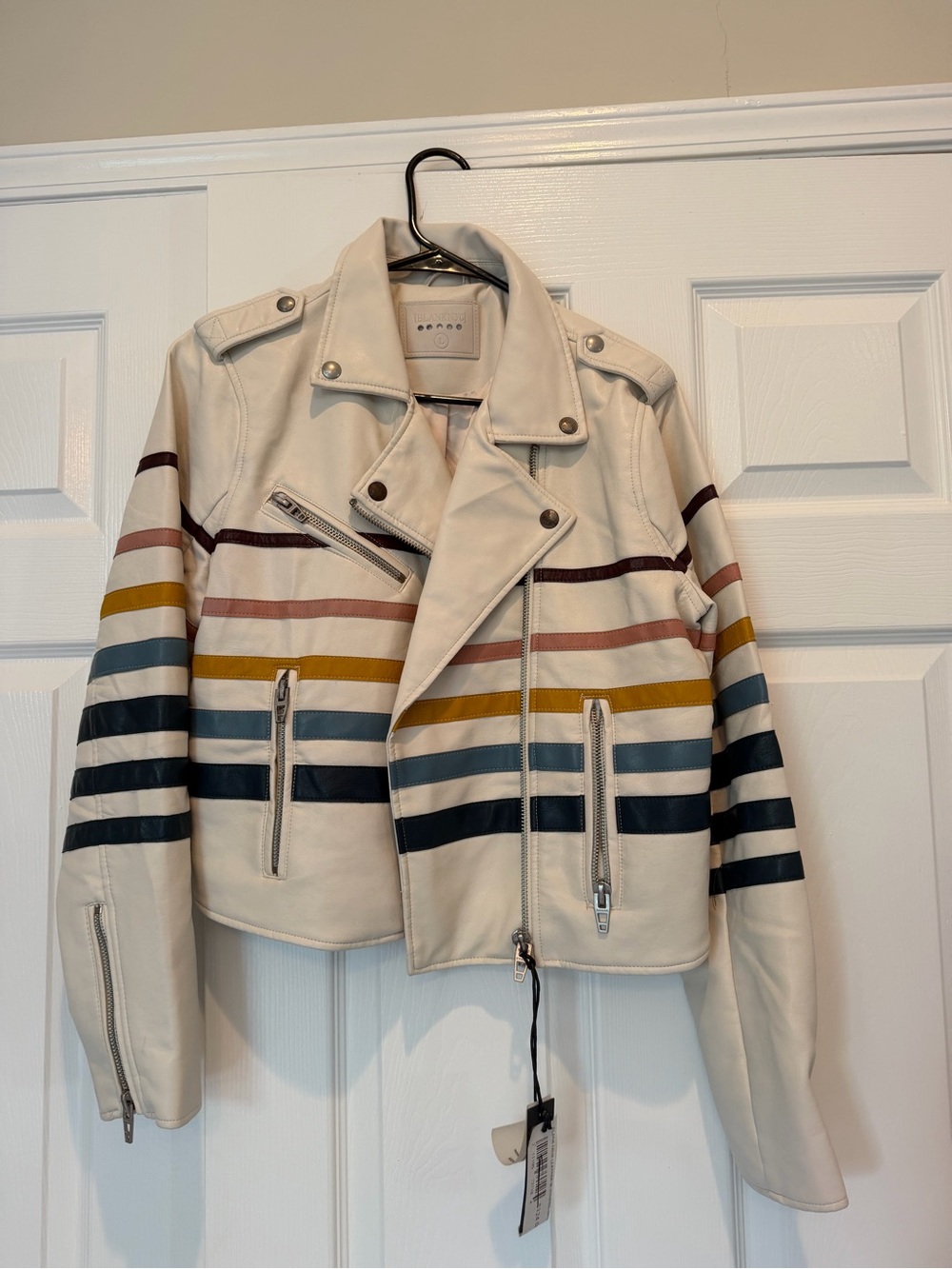 NWT Blank NYC Faux Leather Retro Moto Jacket Ivory Multicolor Stripes L